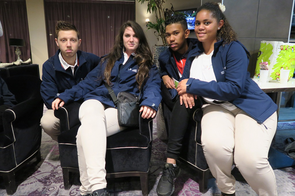 Les médaillés d'excellence Kévin Hoarau (menuiserie), Marie Guillère (plomberie), Laurent Ramin (imprimerie) et Francesca Hoareau (service en salle).